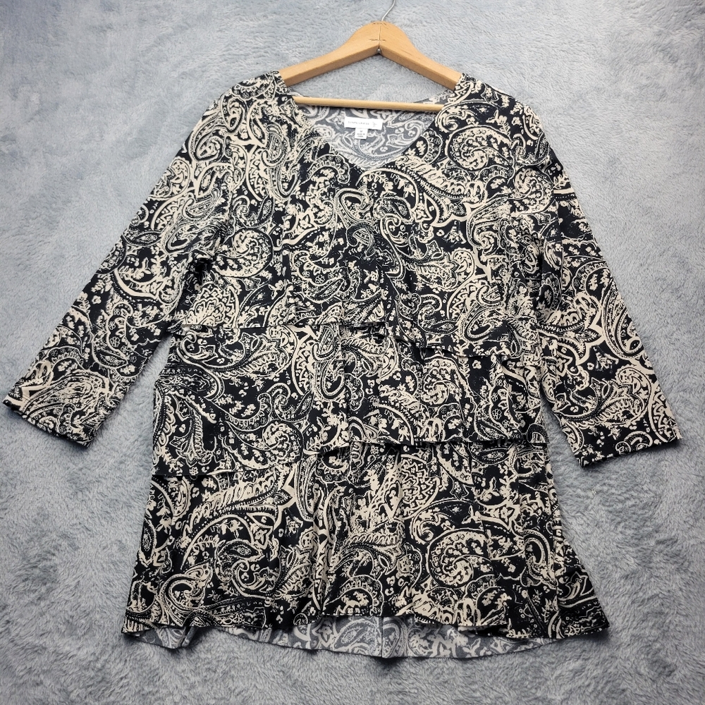 Susan Graver Womens Blouse Size Medium Tiered Ruffle Liquid Knit